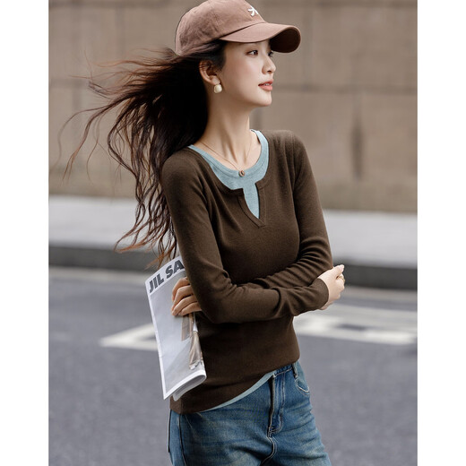 Demana contains fluffy sheep wool, autumn design fake two-piece sweater, color-blocked slim long-sleeved sweater for women