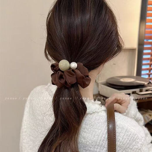 Simple Pearl Large Intestine Hair Tie 2025 New Rubber Band Women's Hair Elegant Leather Case High-Looking Hair Tie Black Dark Coffee Pearl Large Intestine Hair Tie