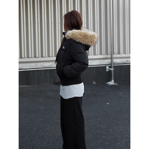 Luyal American autumn and winter short fur collar down cotton coat for women, waist slimming, high-end cotton coat for small people, cotton-padded jacket, black M