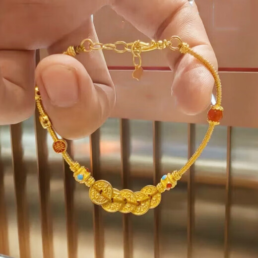 Fuwuzhong's design sense, ancient method, inheritance, gold color, peace and happiness, five emperors' money entwined bracelet, gift, peace and happiness