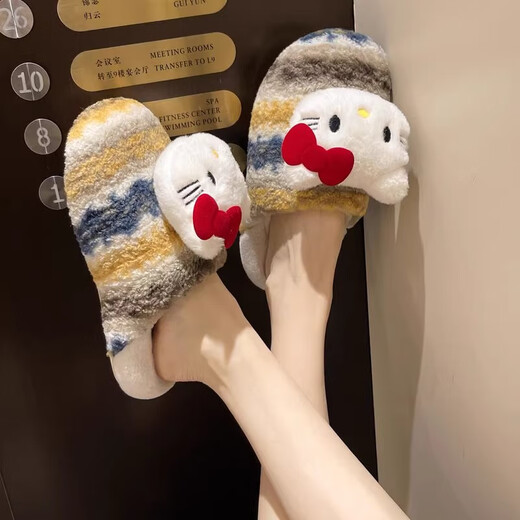 Girls indoor home slippers, winter fashionable cute cat fur shoes, warm non-slip cartoon cotton slippers for women, purple plaid-KT cat cotton slippers 37.5 38-39 size (suitable for 37-38)