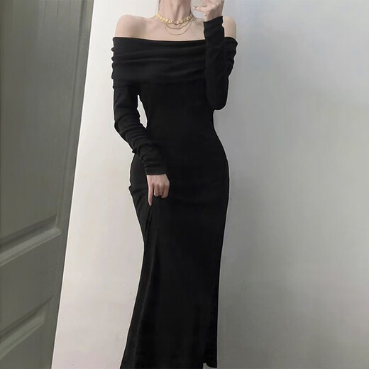 Miao Yijia one-shoulder slim-fit hip-covering dress black skirt long skirt dress adult pure desire sexy tight temperament hot girl long-sleeved black one-line collar pinch waist royal sister hip-covering long dress XL recommended 90-118 Jin Jin is equal to 0.5 kg