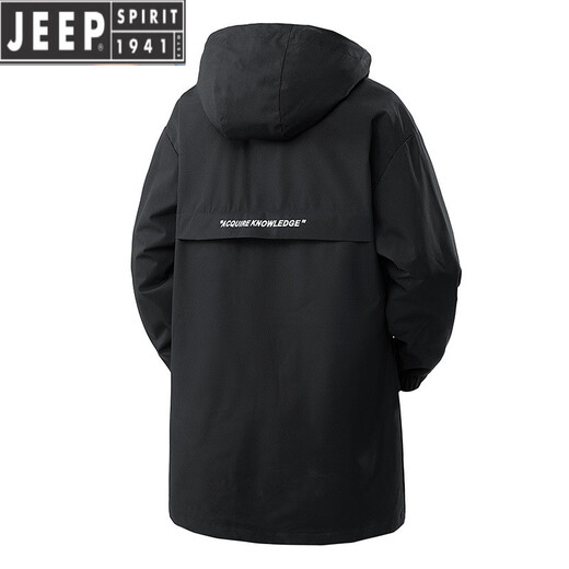 JEEP SPIRIT秋冬加绒中长款风衣外套男2025冬季连帽棉衣加厚保暖大码夹克工装 黑色 加绒 2XL