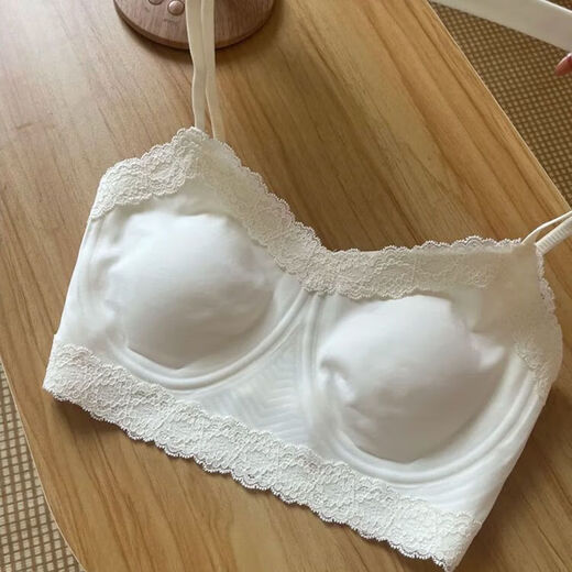 Seamless lace underwear for women, thin, large breasts, small breasts, tube top, suspender straps, no rims, nude feel, anti-exposure bra, milky white (single piece) M (34/75ABC)