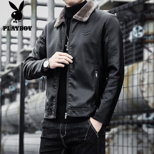 Playboy (PLAYBOY) Haining Haining Leather Men's Autumn and Winter Thickened Warm Jackets Young and Middle-aged Fur Collar Soft Leather Jackets Winter Men's Black Velvet Thickened L Recommended 115-130 Jin Jin equals 0.5 kg