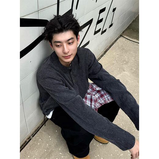 Sheman Lai American retro Henry collar long-sleeved T-shirt men's autumn old money style texture polo shirt sweatshirt inner layering shirt black XL