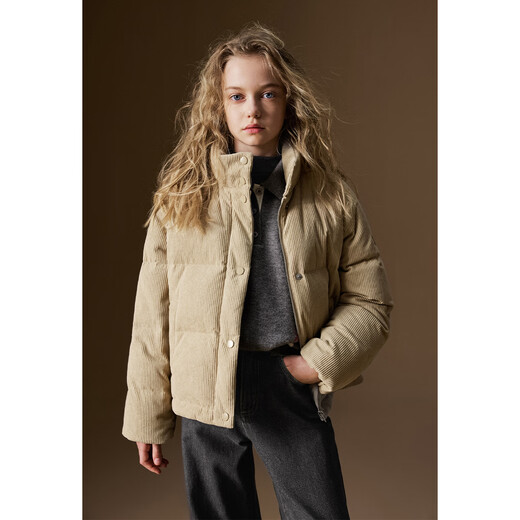 ELLE KIDS children's clothing 90% white duck down down jacket for girls winter new corduroy striped texture jacket light khaki 160 (S)