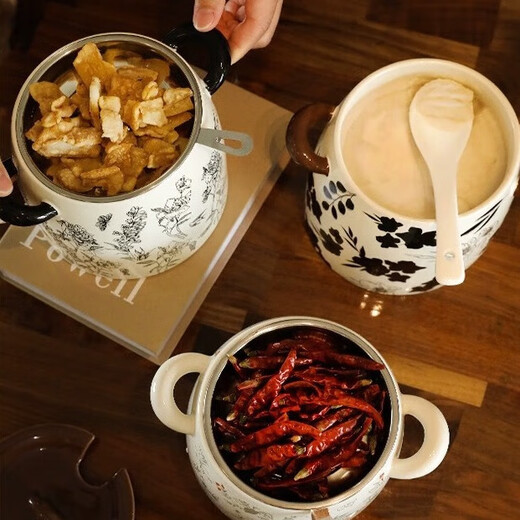 Guiqi 1.2L ceramic lard jar seasoning box bottle salt kitchen spice storage sealed storage chili stainless steel jar ceramic jar 1.2L + lid + spoon + 304 stainless steel filter