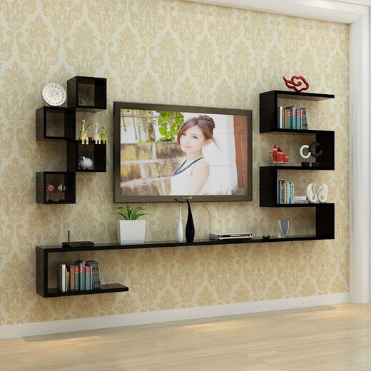 Qiao Bo Lai simple living room suspended wall-mounted TV cabinet decorative rack wall storage rack square cabinet wooden frame multi-layer total length 160cm black and white