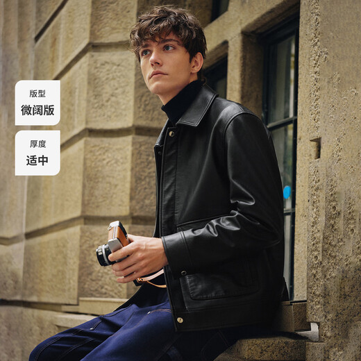 Navigare Italian dinghy men's genuine leather jacket 2025 autumn new first-layer cowhide jacket casual lapel jacket dark night black M