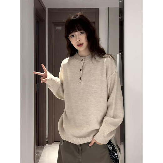 XUANSENTU American retro Henry collar sweater for men in autumn and winter, lazy and relaxed sweater style inner layering shirt, trendy off-white L