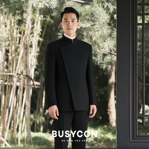 BUSYCON Xuanhei Elegant New Chinese Style Stand Collar Suit Groom Wedding Chinese Style Men's Toast Suit Black (Two-piece Set Top + Pants) 50 Please note your height and weight when placing an order