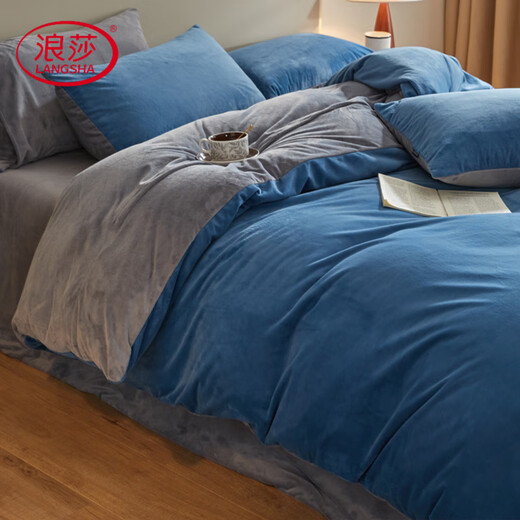 Langsha's new type A baby velvet Dove velvet baby velvet milk velvet French velvet solid color four-piece set plus velvet thickened bedding Blue blue + Nordic gray bed sheet style 1.2m three-piece set