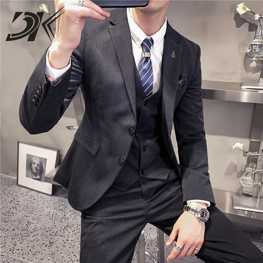 DK brand men's suit suit men's autumn business casual suit trend slim British style fashion three-piece suit light gray suit + trousers M