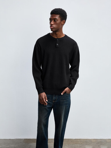 CHINISM Shopping Mall Same Style Chichen Anti-pilling Slightly Loose Henley Collar Sweater Winter Men's Knitted Sweater Black S