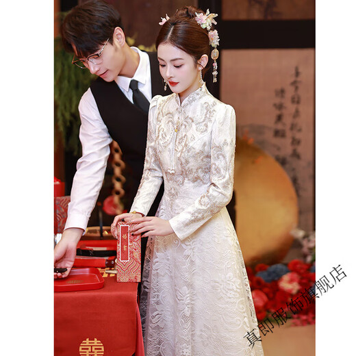Zhenjie New Chinese Engagement Dress Lace Improved Cheongsam Long Sleeve Toast Wear Bridal Registration Certificate Dress Spring Champagne M