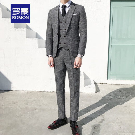 ROMON Peaky Blinders Shave Party Suit Men's Shelby Suit Tweed Groom Wedding Retro Three Pieces Khaki (Suit + Vest + Pants) M 48