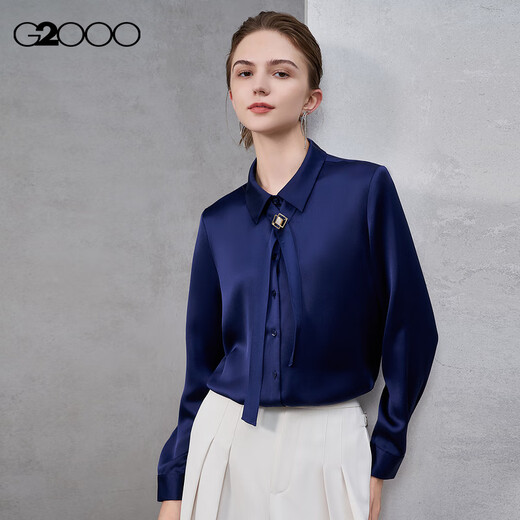 G2000 satin/tie with brooch/same style in shopping mall, women's 2025 autumn and winter long-sleeved casual shirt