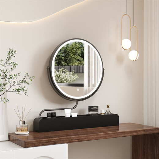 LED makeup mirror smart stretchable flip rotating with light desktop storage storage desktop makeup table mirror solid wood color plug-in + 3-color LED light