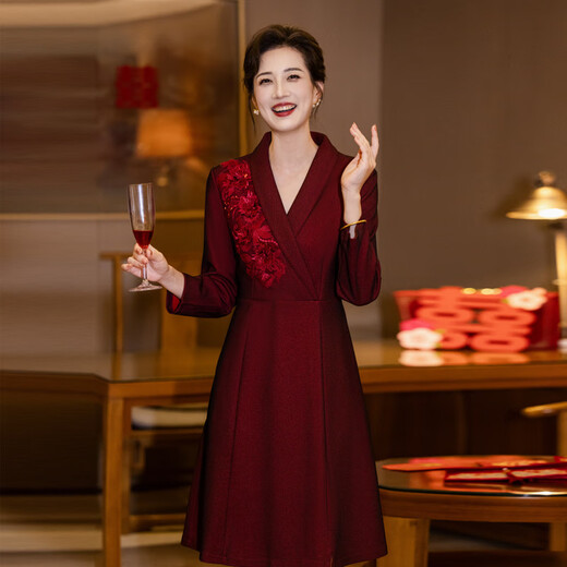 2025 Autumn New Mother's Dress Suit Collar Embroidered Wedding Banquet Mother-in-Law Dress Burgundy 2XL