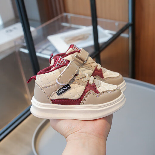 Ginoble winter children's soft-soled two-padded shoes for girls, plus velvet toddler shoes, boys 1 to 5 years old, autumn and winter sports shoes, khaki plus velvet, cut label and remove from the cabinet, 13.5 cm, inner length, size 22