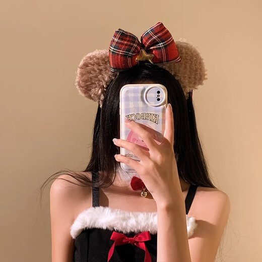 Beautifully made Christmas bow, red bear ears, plush headband, female amusement park photo, face wash, makeup, headband, cute bear headband, 1 piece