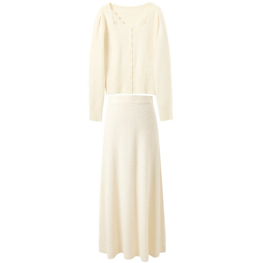 Sancai 2025 new winter knitted suit spliced sweater top skirt two-piece set M milk white L 165/88A