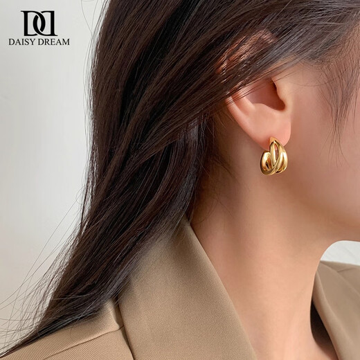 DAISY DREAM925 silver needle gold C-shaped earrings women's high-end earrings 2025 new popular multi-layer plain circle retro earrings gold wrapped C-shaped earrings 925 silver needle