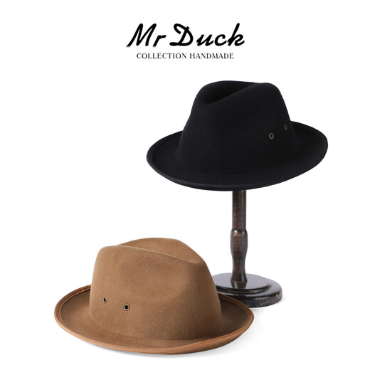 Mr DUCK Australian pure wool handmade top hat rolled edge foldable casual high-end jazz hat for men, warm and breathable in autumn and winter, royal black (top hat) M (suitable for 56-57cm head circumference)