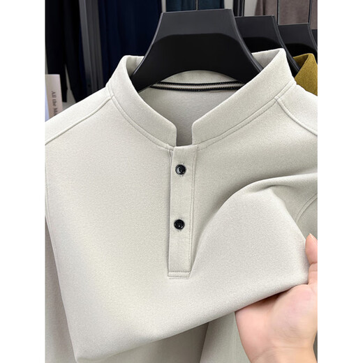 Zailu Autumn and Winter 2025 New Derong Youth Solid Color Warm Henry Collar Pullover Sweatshirt Men's Long Sleeve Bottoming Shirt Upgraded Model 8572S Beige M
