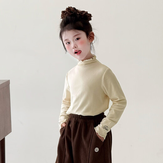 Tutu Little Elephant Girls' Bottoming Shirt Autumn and Winter Children's Solid Color Simple Long Sleeve Versatile Wooden Ear T-shirt Warm Tops Apricot 130