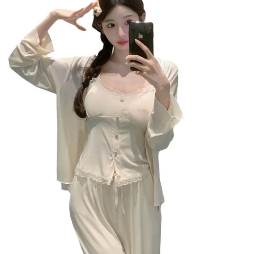 Modal 2025 spring and autumn new Modal cotton pajamas for women's suspender long-sleeved three-piece set fairy style home clothing internet celebrity gray (7374) M