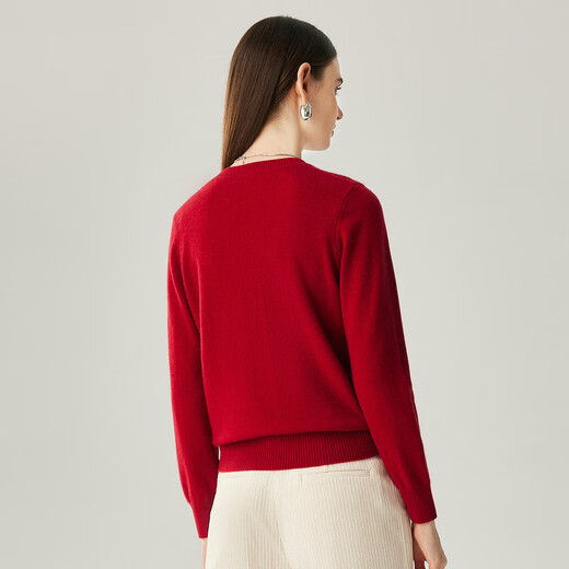 Zhaojun 2025 Autumn and Winter New Contrast Color Horse Zodiac Style Cashmere Sweater Women's Red Knitted Sweater Round Neck Bottoming Sweater Burgundy Red L