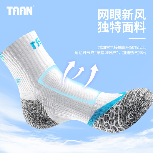 TAAN泰昂羽毛球袜运动袜加厚毛巾底高筒男袜T345白蓝3双装