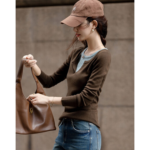 Demana contains fluffy sheep wool, autumn design fake two-piece sweater, color-blocked slim long-sleeved sweater for women