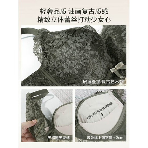 LA BRUKET Adjustable Underwear Women's Sexy Lace Wire-Free Small Breast Gathering Bra Set High-End High-end Green 70A 32