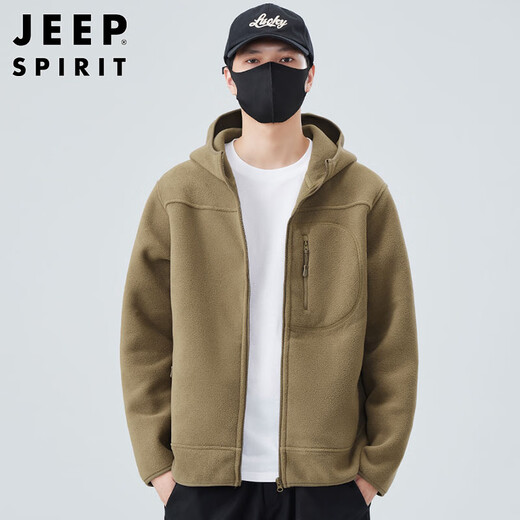 JEEP SPIRIT Jeep jacket men's autumn and winter trendy loose double-sided polar fleece hooded jacket men's top Khaki XL