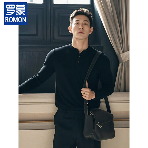 ROMON black American Henry collar sweater men's fall cleanfit high-end bottoming sweater old money style top black M (recommended 100-115Jin Jin equals 0.5kg)
