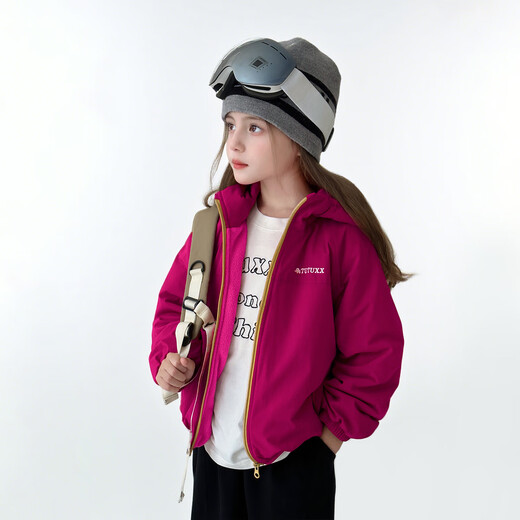 Tutu Little Elephant Girls' Jacket Spring and Autumn Windproof Soft Shell Girls' Velvet Hooded Jacket Rose Red 150 Height About 150cm