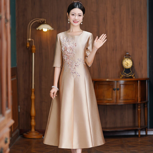 Seasonal champagne color grandma's dress autumn and winter new mother's wedding wedding banquet elegant mid-length dress 3 champagne gold 8010 M (90Jin Jin is equal to less than 0.5 kg)
