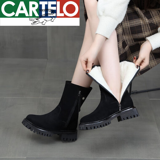 CARTELO Botas de nieve de suela gruesa de alta gama para mujer, nuevas botas de algodón grandes del noreste engrosadas de terciopelo de invierno, zapatos de algodón cálidos, impermeables, antideslizantes, negro 9928-1 37