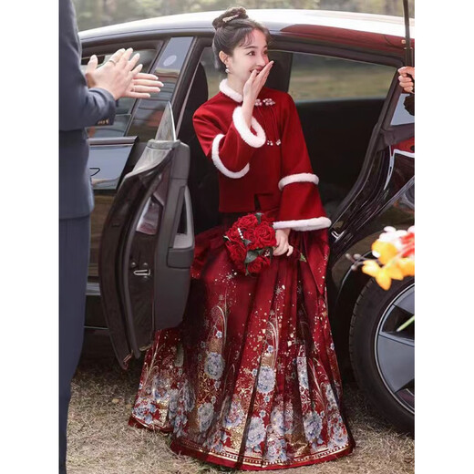 Woodpecker red horse-faced skirt toasting suit bride Chinese wedding dress engagement suit women's autumn and winter new wedding dress skirt (jacket + skirt) suit XL