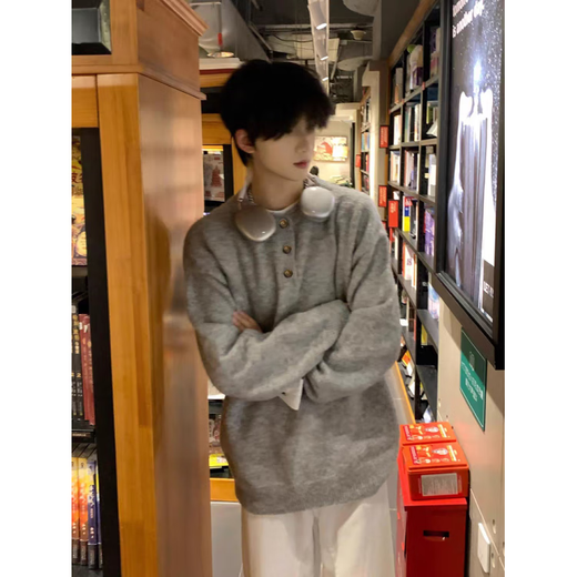 XUANSENTU American retro Henry collar sweater, lazy style, soft and waxy sweater for men, cleanfit, versatile bottoming shirt, trendy apricot color, upgraded version 2XL