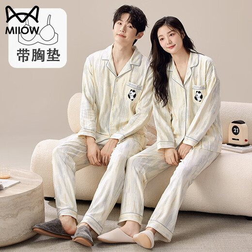 MiiOW Couple Pajamas Pure Cotton Lapel Cardigan Long Sleeve Korean Version with Breast Pad Women's Plus Size Men's Autumn and Winter Home Clothing Set T-24222 M Female 80-95Jin Jin is equal to 0.5 kg