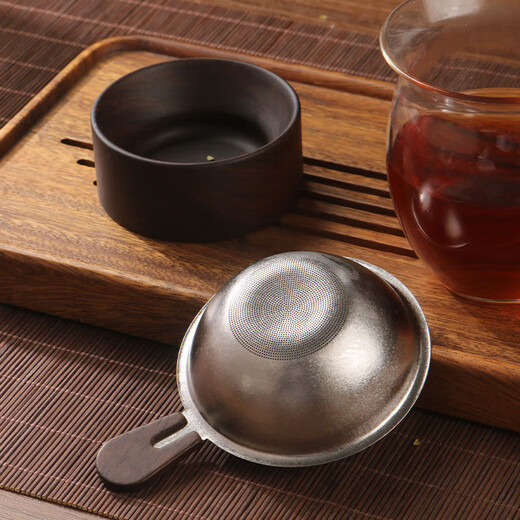 Pure titanium tea drain, tea filter, tea filter, thousand hole integrated tea separator, high-end tea separator, Kung Fu tea set accessories, 2033 holes, coin handle, pure titanium tea drain - Ebony