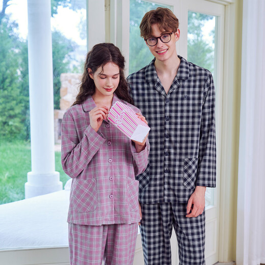 American Standard spring and autumn new long-sleeved couples brushed cotton pajamas set for women, cotton plaid, casual home wear for men, bean paste purple L