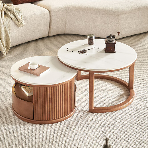 Solid wood coffee table size combination modern simple log round tea table living room slate tea table small apartment storage side table solid wood color + white slate surface coffee table + side table