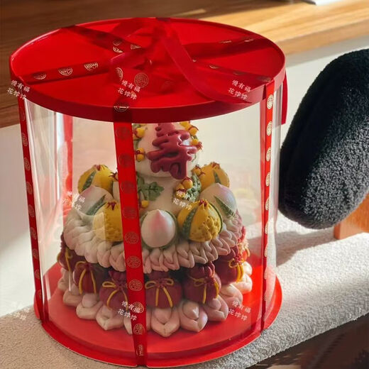CLCEY red gift box steamed buns, flower cakes, wedding flowers, steamed buns, wedding banquets, peach birthday cakes for the elderly, packaging gift box, red fully transparent (5 pieces), no ribbon food, 14-inch double layer (diameter 40, height 32) cm