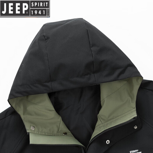 JEEP SPIRIT秋冬加绒中长款风衣外套男2025冬季连帽棉衣加厚保暖大码夹克工装 黑色 加绒 2XL