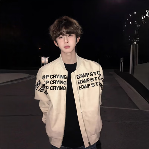 Yiran presents letter printed American baseball uniform for men in spring and autumn silhouette high street hiphop high-end handsome flight jacket coat apricot L recommended 110-125 Jin Jin equals 0.5 kg